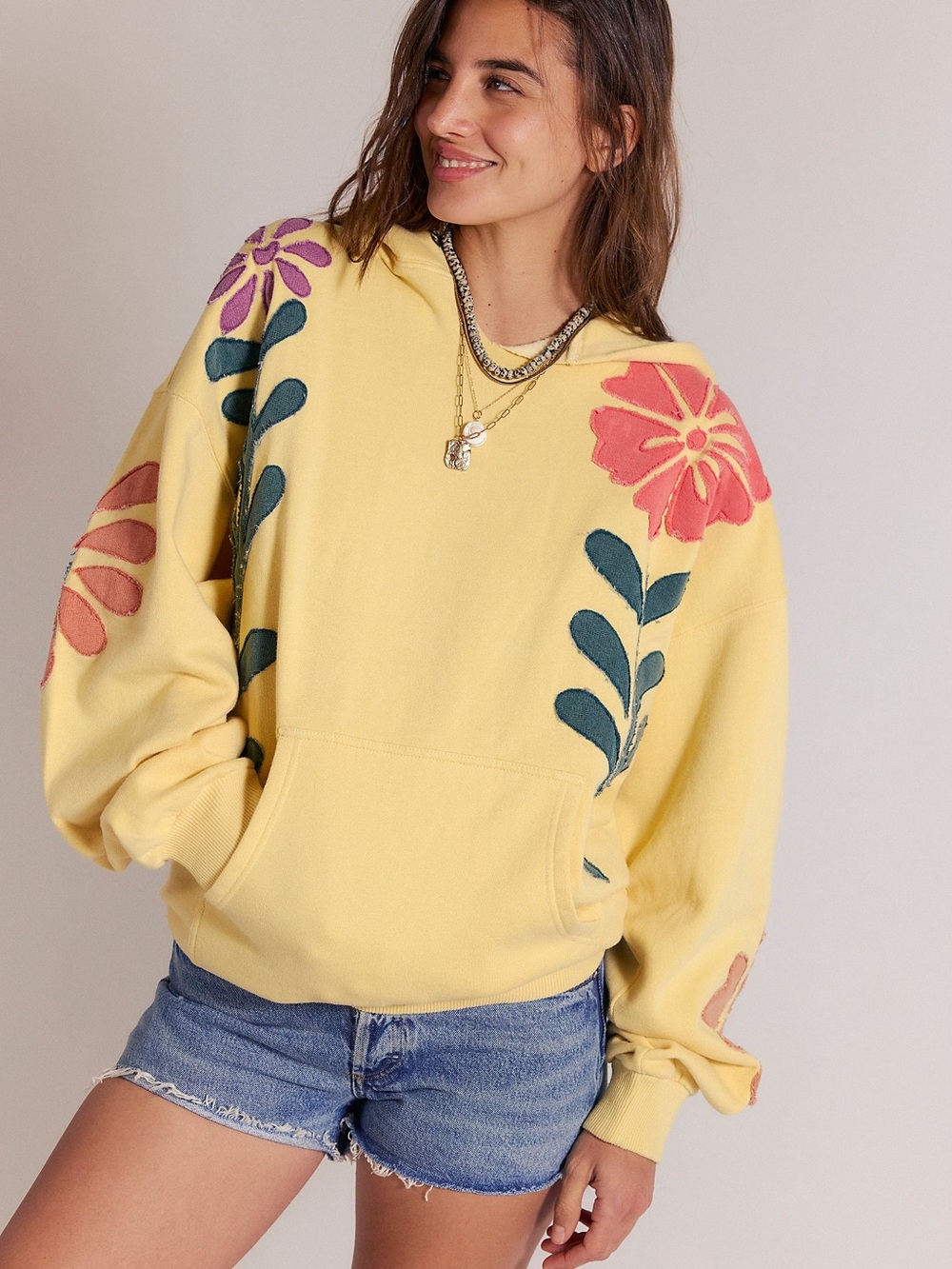 We The Free Yellow Floral Appliqué Hoodie with Pink & Purple Accents